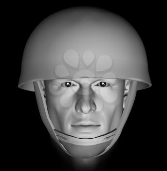 Male soldier head portrait with dramatic light on black background. 3d illustration.