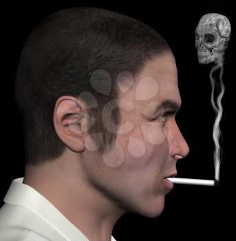 Man profile and smoke skull 3d illustration.