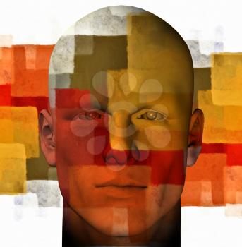 Male portrait and abstract geometric pattern. 3d digitally created illustration.