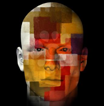 Male portrait and colorful cubist pattern. 3d computer generated illustration.