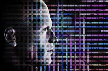 Male portrait and computer code. Digitally created futuristic illustration.