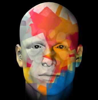 Male portrait and colorful geometric pattern. 3d computer generated illustration.