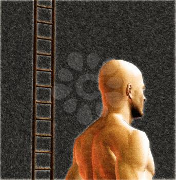 3-d computer generated illustration. Male figure and ladder.