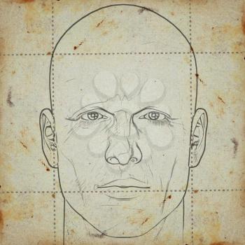 Sketch of a man's head on stained paper background. Digitally created illustration.