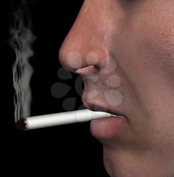 Smoking man closeup and cigarette smoke on black background. 3d illustration.