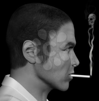Man smoking a cigarette with skull forming through the smoke. 3d illustration.