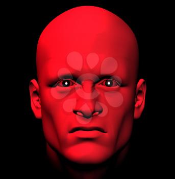 Man with fiery eyes, red with anger. 3d illustration.