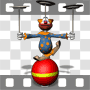 Clown balancing plates atop ball