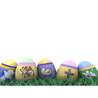 Row of Easter eggs on lawn