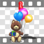 Brown teddy bear holding present and balloons