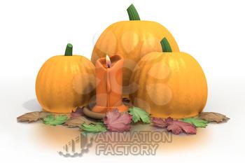 Autumn candle with pumpkins and leaves