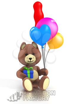 Brown teddy bear with present and balloons