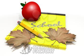 Fall leaves over notebook with apple