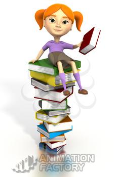 Girl sitting atop books