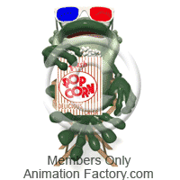 Frog with 3-d glasses and popcorn