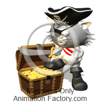 Pirate kitty standing by chest of gold