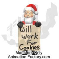 Santa with sign saying will work for cookies