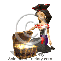Pirate woman kneeling beside treasure chest