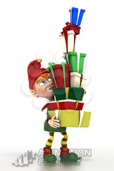Elf balancing Christmas gifts