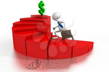Businessman chasing dollar sign on bar graph stairs