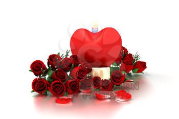 Heart candle with bouquet of red roses