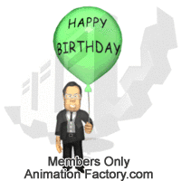 Boss holding Happy Birthday balloon